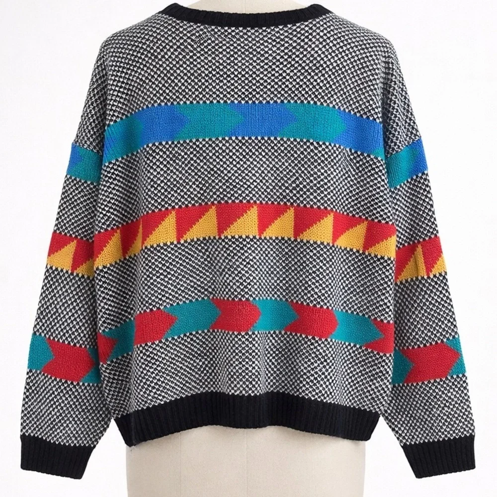 Vintage 80s 90s Southwestern Geometric Graphic Knit Sweater Adele Made USA Sz XL